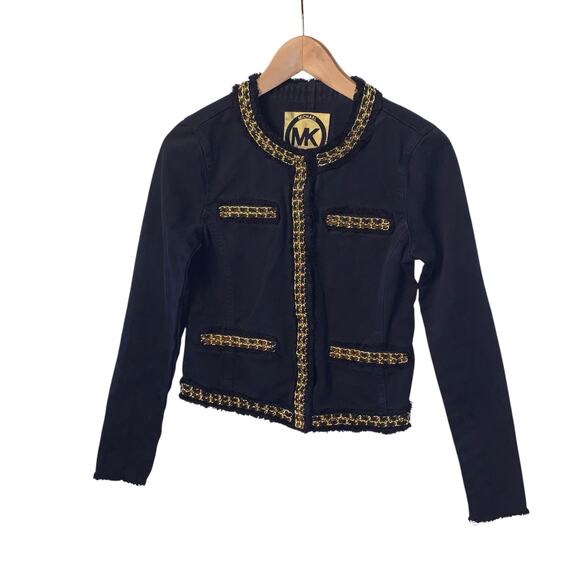 Michael Kors Jacket Womens 2 Black Denim Gold Chain Fringe Designer Short Blazer - Picture 1 of 9